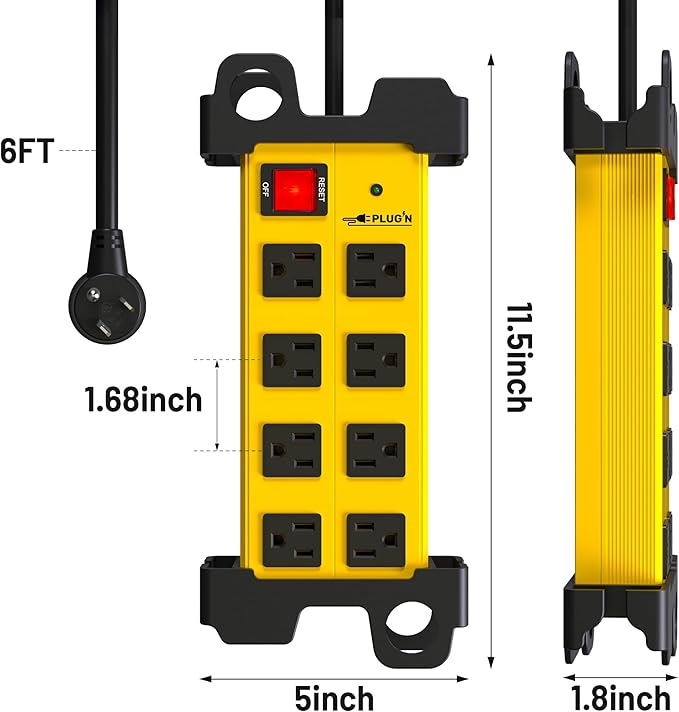 Plug'n 8 Outlet Heavy Duty Power Strip,Wide Spacing,Workshop Surge Protector 2700J with 6FT Extension Cord,Industrial Metal Power Strip 15Amp,Yellow Wall Mount Power for Garage,Office