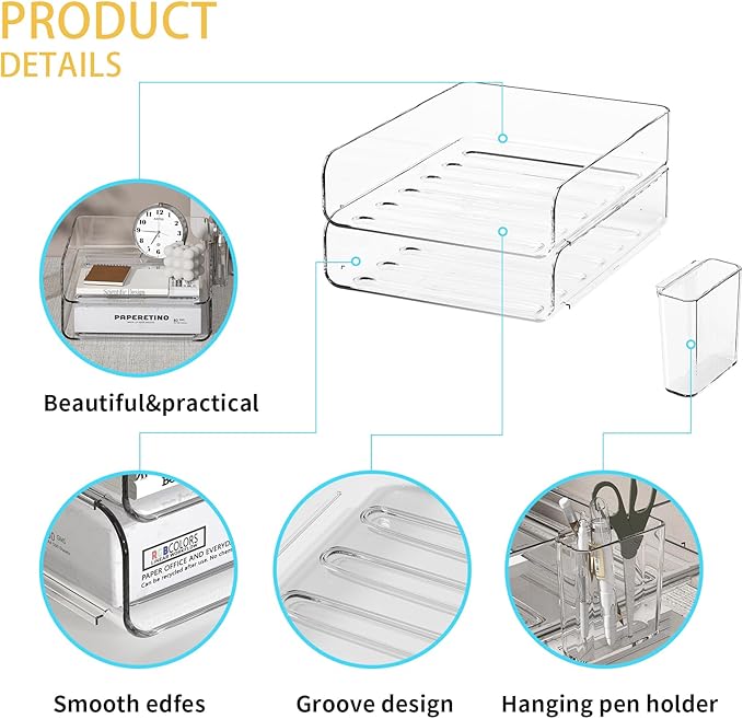 2-Tier Acrylic Paper Tray Organizer with Pen Holder | Clear Stackable Desk Organizer for Documents, Letters, A4 Paper | Modern Office/Classroom/Home Organization
