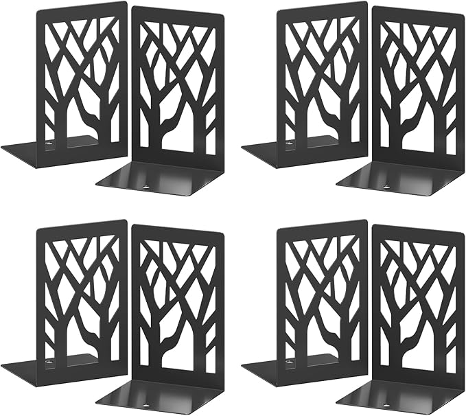 VFINE Metal Bookends, 8 Pieces Tree Design Bookends for Shelves, Black Book Ends for Desk, Bookshelf Bookends Decoration Stylish Metal Book Ends for Home Office