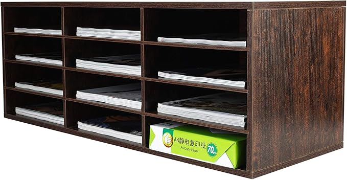 PAG Mail Sorter, Wood Countertop Literature Organizer, Student Mailbox for Classroom, Desktop Bill Paper Organizer for Office Home School, 12 Compartments, Brown