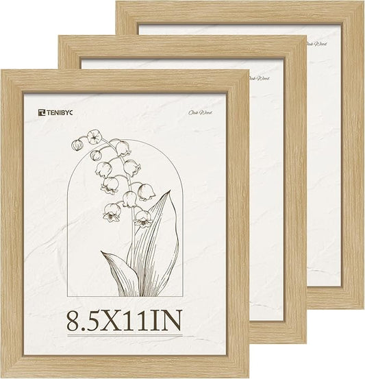 8.5x11 Picture Frame Set of 3 - Light Oak, Natural Wood Certificate & Diploma Frame with HD Tempered Glass, Tabletop Display