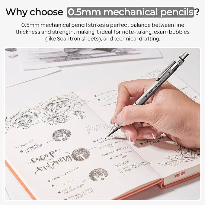 Nicpro 3 Pack Blocky Gear 0.5 mm Metal Mechanical Pencils Set with Case, Lead Drafting Pencil with 8 Tube (480PCS) Lead Refills(HB 2B), 4 Erasers, 18 Eraser Refills for Art Writing, Sketching Drawing