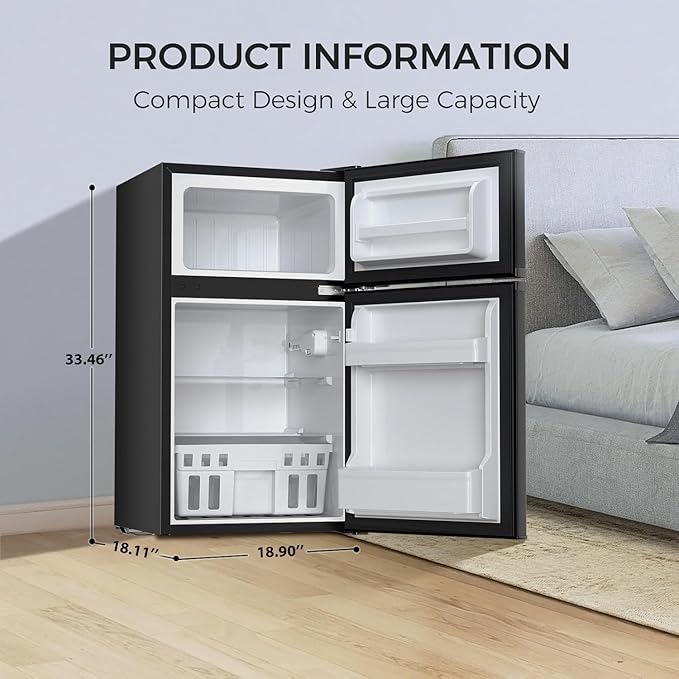 Kismile Mini Fridge with Freezer,3.2 Cu.Ft Compact Mini Refrigerator with Double 2 Door,Adjustable Temperature,Full Size for Home,Kitchen,Dorm,Apartment,Retro Black