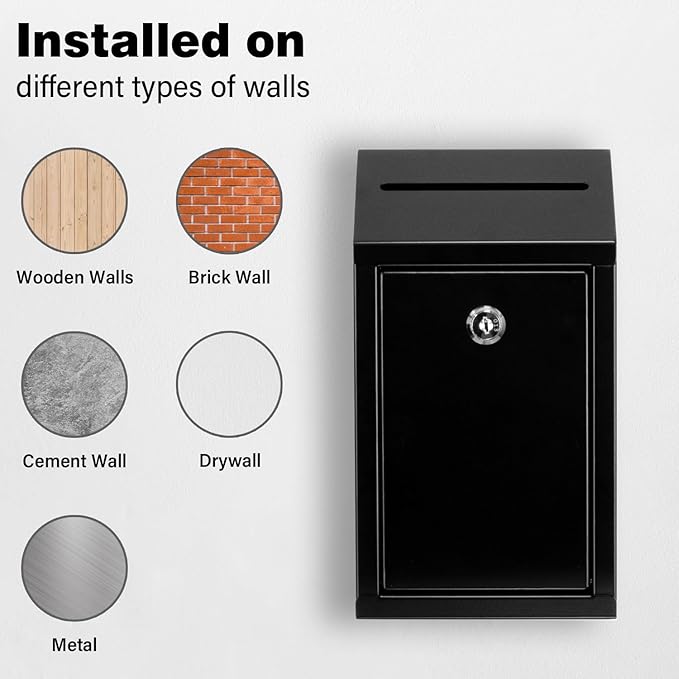 Metal Donation Box with Lock, Wall Mounted, Suggestion Box with 4 Iron Keys, Black, Cash Drop Box with Slot, 1-Pack