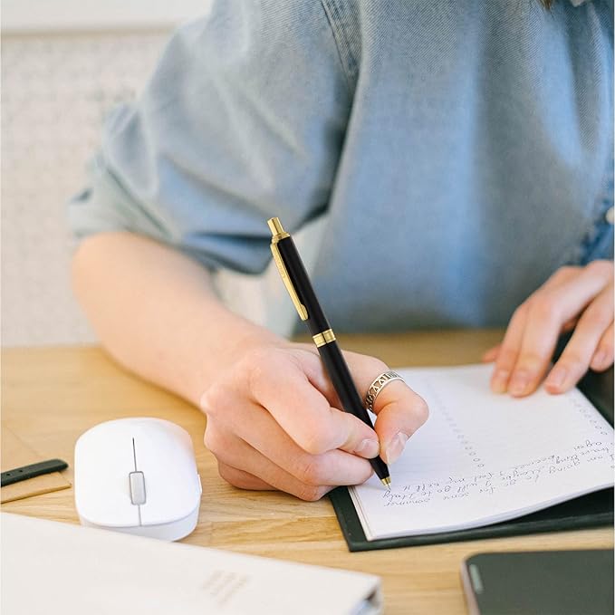 LINFANC 8 Pack Ballpoint Pens, Premium Retractable Metal Ballpoint Pen, Medium Point 1.0mm Black Ink Pen for Home School Work Office Supplies, Matte Black with Gold Trim, Extra 8 Refills