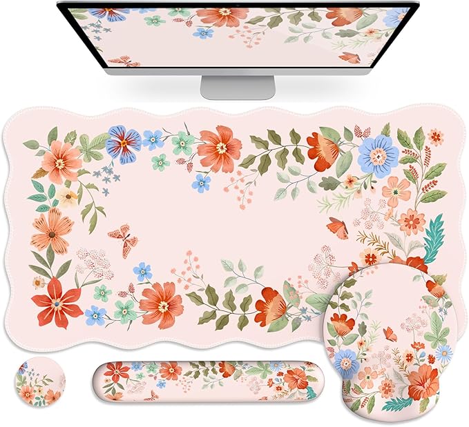 Pink Desk Cover Mat, Ergonomic Mouse Pad with Wrist Support, Girly Aesthetic Office Stuff, Scalloped Floral Desk Protector for Office Must-Haves, Work