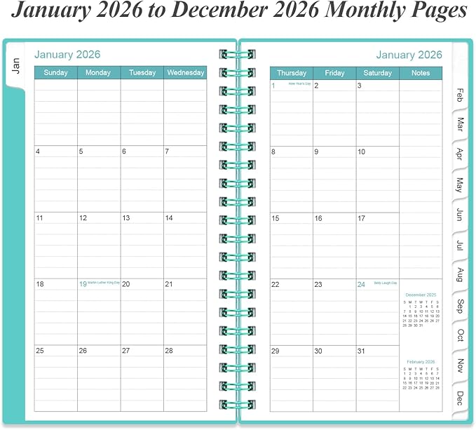 2026 Pocket Planner/Calendar - 2026 Planner from January 2026 - December 2026, Planner 2026 with 12 Tabs, Twin-Wire Binding, Inner Pocket, 3.75" x 6.75, Teal