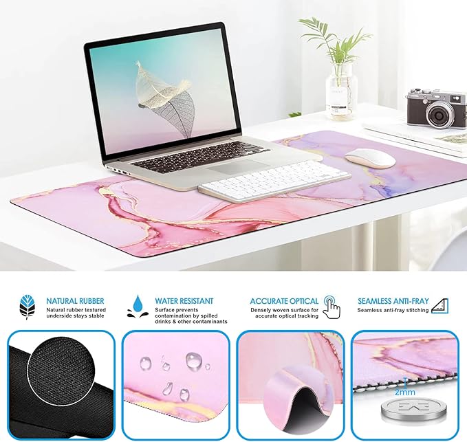 iCasso Desk Mat, Gaming Mouse Pad Wrist Support Set,4in1 XXL Large Mousepad + Keyboard Wrist Rest+Mouse Wrist Rest+Coaster Set with Ergonomic Design for Home Office Table Computer-Glitter Marble