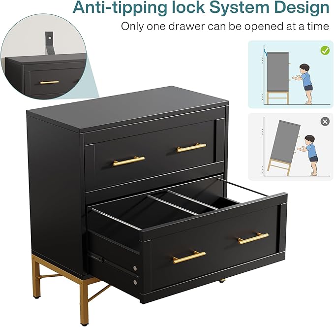 Tribesigns 2 Drawer File Cabinet, Modern Wood Lateral Filing Cabinet for Letter/Legal/A4 Size, Large File Storage Cabinets Printer Stand with Storage for Home Office, Black and Gold