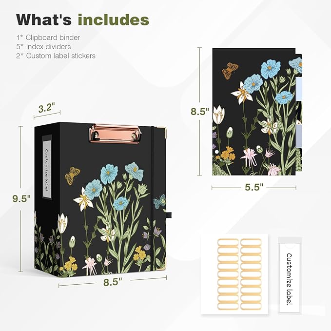 Ospelelf Small Three Ring Binder 2 Inch, Floral Round Ring Clipboard Binder with 5 Tab Dividers, File Folder Labels, for School and Office Supplies