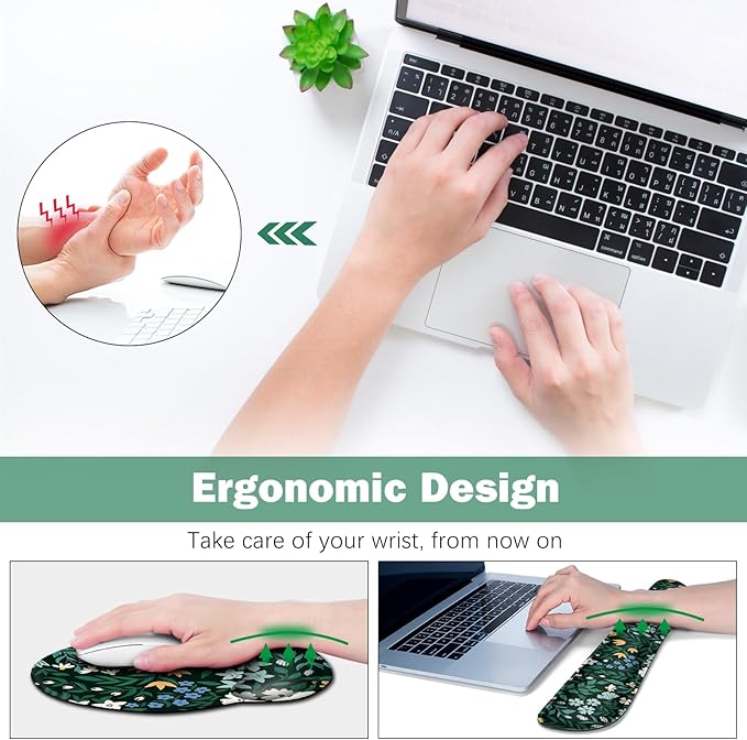 ARTSO Desk Pad Desk Mat, XXL Large Gaming Mouse Pad with Wrist Rest Wrist Support, Ergonomic Mouse Pad, Keyboard Wrist Rest, Home Office Desk Accessories Decor, Green Flower Plants