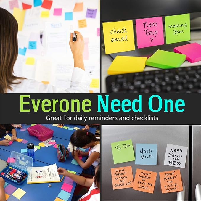 (24 Pads) Sticky Notes 3x3 in 100 Sheets/Pad, Self-Sticky Note Pads, 6 Bright Colors Super Sticky Pads - Easy to Post for School, Office Supplies, Desk Accessories