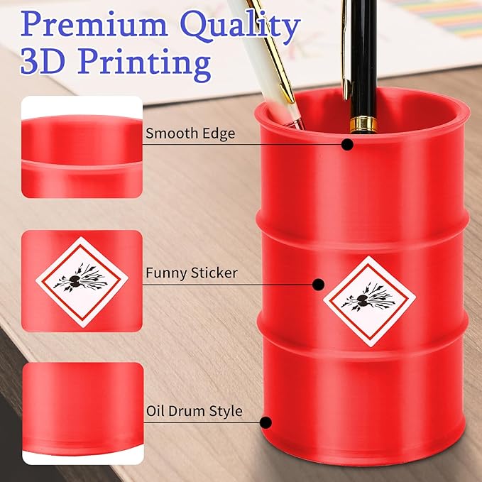2 Pack Pen Holder for Desk, Creative Industrial Drum Barrel Pencil Holder, Cute Pencil Cup with 8 Fun Stickers, Chic Office Decor Desk Organizer- Blue & Red