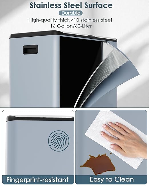 Arlopu 16Gal Dual Trash Can w/2 Built-in Box for Odor Control, Hands-Free Kitchen Garbage Bin, Recycle Waste Dustbin, Soft-Close Lid, 2 Buckets,Foot Pedal, Side Handle, Airtight,for Home Office
