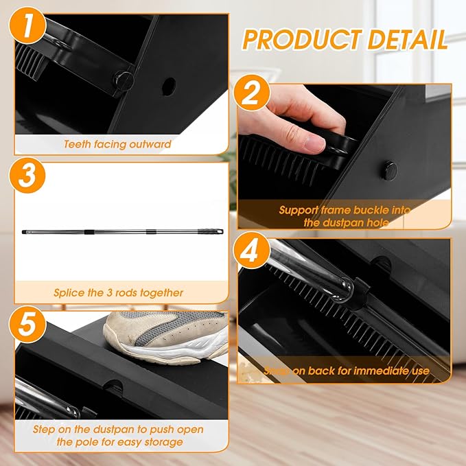 Leumoi 4 Pcs Dust Pans with Long Handle Set 36.6 Inch Commercial Dust Pan with Comb Large Plastic Stand up DustPans for Outdoor Indoor Restaurant Home Office Floor Cleaning (Black)