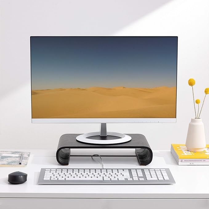 Navaris Wood Monitor Stand Riser - Computer Desk Organizer Desktop Dock Wooden Mount Display for PC TV Screen Notebook Laptop - Oak with Black Stain