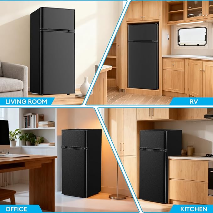 TABU 4.5 Cu.Ft Refrigerator with Top Freezer, Compact Double Door Fridge with Adjustable Thermostat & Removable Shelves, for Home, Office and Apartment, Black