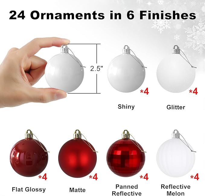 Red & White 2.5" Christmas Balls Christmas Tree Decoration Ornaments Shatterproof Hanging Balls for Birthday Halloween Holiday Wedding Decorations Set of 24pcs