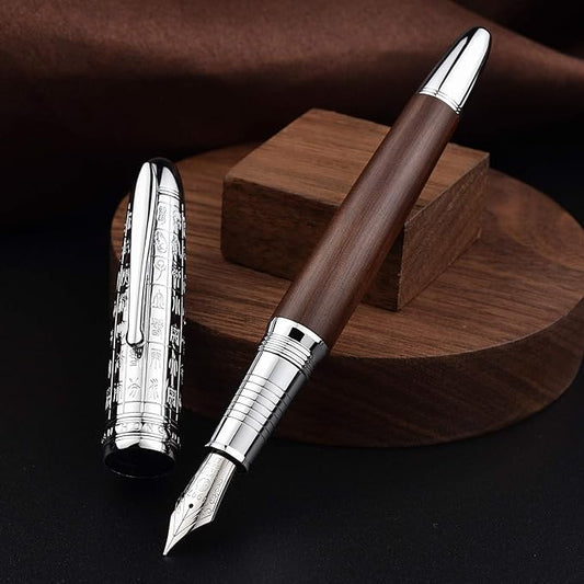 Hongdian 6016 Natural Wood Fountain Pen, Iridium Medium Nib Writing Pen with Metal Pen Case