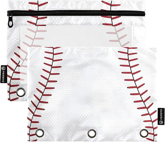 ALAZA Pencil Pouch for 3 Ring Binder, Baseball Themed Red Lace Binder Pencil Pouches with Clear Window Zipper Pencil Case Cosmetic Bags for Office College Supplies, 2PCS