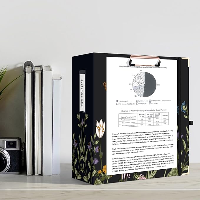 Ospelelf 3 Ring Binder for Letter Size Documents with 5 Tab Dividers, 3 Inch Ring, 4.4 Inch Spine, Black Floral Binder with Clip for School and Office Supplies, Moonlit Blossoms
