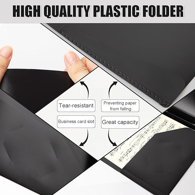 Pastel Plastic File Folders with Pockets and Prongs, 7 Pack, A4 Letter Size, Heavy Duty Waterproof Office Folders with Clear Front Cover for School, Home, and Office (Black)