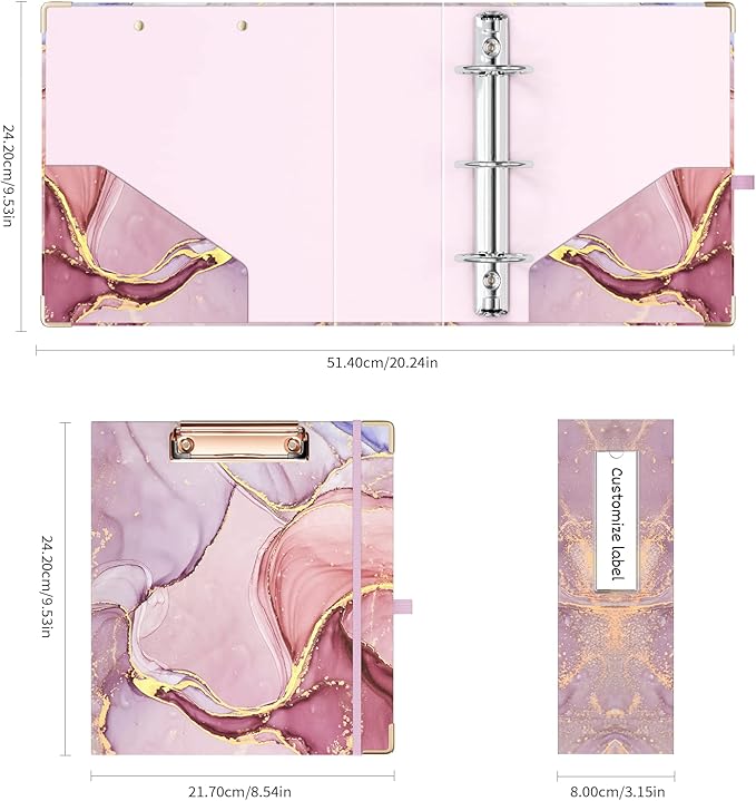 Ospelelf Mini 3 Ring Binder 2 Inch, Cute Binder for 5.5" x 8.5" with 5 Tab Dividers, File Folder Labels and Low Profile Clipboards, Pink Marble Binder for School Supplies and Office Supplies