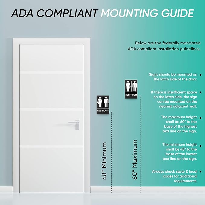 Unisex Bathroom Signs, Restroom Sign For Business - For Men and Women - 9" by 6" - ADA Compliant with Braille - Strong Double-Sided Adhesives Included - Apply to Office, Home, Public Door/Wall