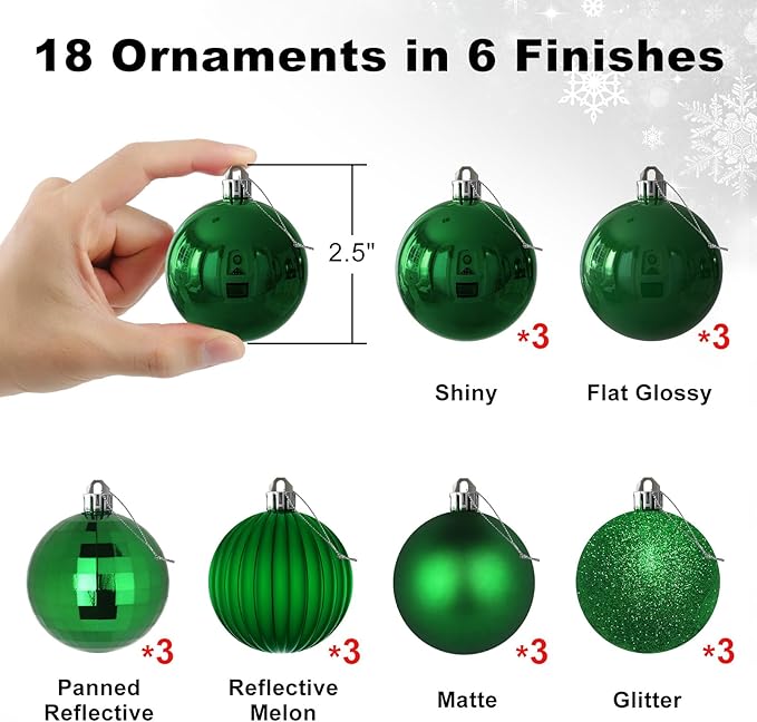 18Pcs Christmas Balls Ornaments for Xmas Tree - Shatterproof Christmas Tree Decorations Medium Hanging Ball Green 2.5in x 18 Pack