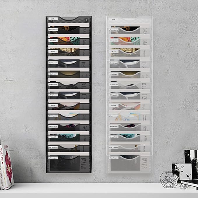 14 Tier Hanging Wall File Holder, Metal A4 Wall Mounted Document Holder, Vertical Hanging Mail Organizer, Magazine Storage Rack with Tray for Office Home Classroom, Black