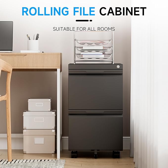 Bestoo 2-Drawer Mobile File Cabinet with Lock, Metal Filing Cabinet on Wheels for Home Office Under Desk, Fits File Folders, Letter/Legal/F4/A4 Size, Assembly Required (Black)
