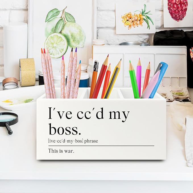 Funny Office Pen Pencil Holder Organizer for Desk, Coworker Gifts for Women Men, I've Cc'd My Boss Funny Wooden Box Sign for Home Office Workplace Desk Tabletop Decorations