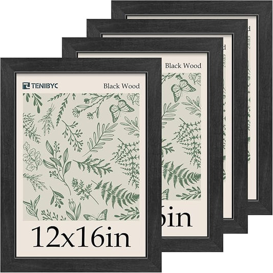12x16 Frame Set of 4, Textured Black Wood Picture Frame, HD Tempered Glass, Wall Display