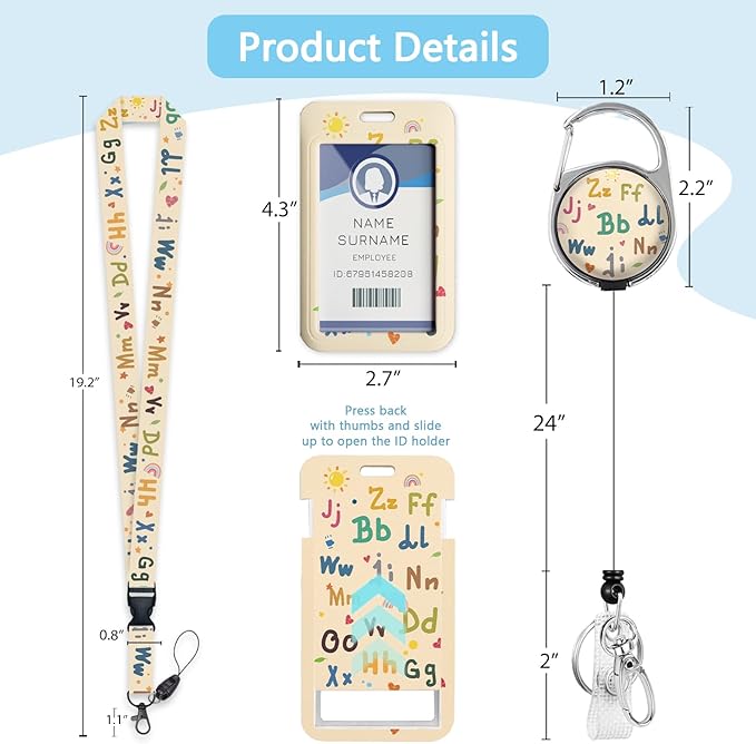 Gctriki Teacher Lanyards for ID Badges, Cute Retractable Badge Reel Heavy Duty with Carabiner Clip, English Letter ID Badge Holder with Lanyard, Retractable Keychain Name Badge Teacher Student Gifts
