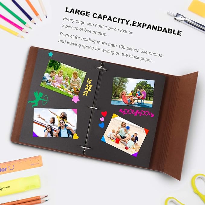 ThxMadam Pink Scrapbook Album Wedding Guest Book Vintage Leather Photo Album Love Memory Book with 60 Black Pages Present for Valentines Anniversary Mother’s Day Birthday Gift for Wife Mum Girlfriend