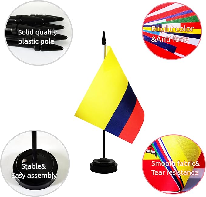 2 Pack Colombia Desk Flag, Colombian Table Office Flag with Solid Pole and Stand Base, International Country Flag, Festival Celebration, Classroom Meeting Desktop Decoration (Colombia)