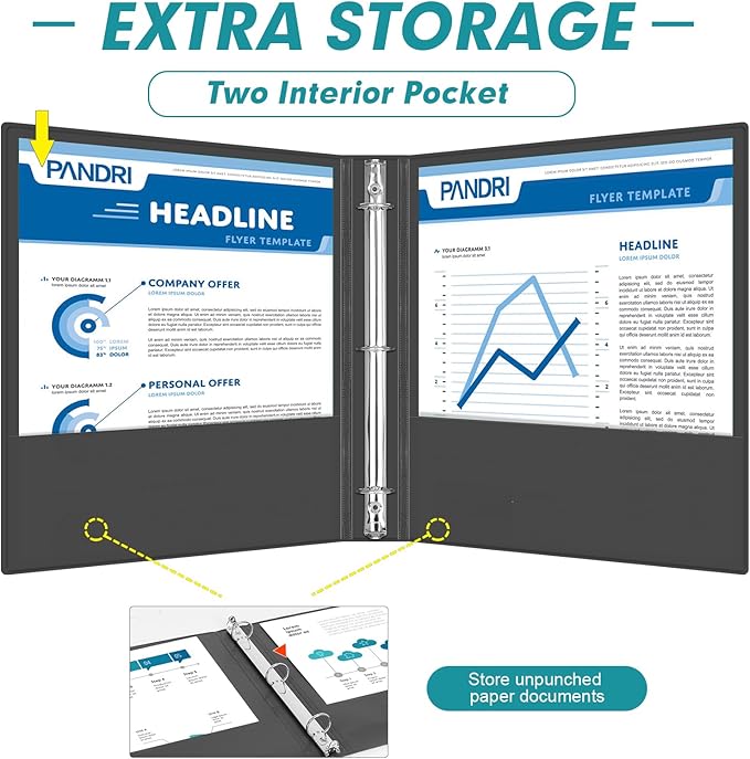 3 Ring Binder 0.5 Inch, PANDRI 12 Pack 0.5-Inch Binder Fits Letter Size 8.5'' x 11'' Paper, Versatile Binders for Office Home School, 2 Pockets, Black