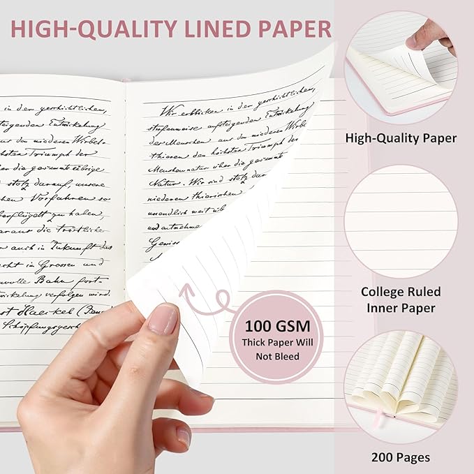 Lined Journal Notebook for Women Men, 200 Pages A5 Hardcover Leather Journals for Writing,Travel,School,Office,Work,Business,College Ruled Notebooks for Note Taking, Diary Notepad 5.7"×8.3"(Pink)