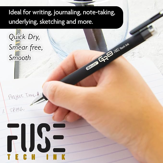 BAZIC Oil Gel Fuse Tech Ink Pen, GR8 Black Color w/Rubberized Barrel, 0.7 mm Medium Point Smooth Writing, for Office School (3/Pack), 24-Pack