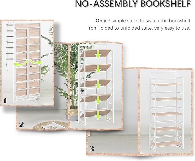 4NM No Assembly 5 Tiers Folding Bookshelf Storage Shelves Vintage Bookcase Standing Racks Study Organizer Home Office (Natural White)