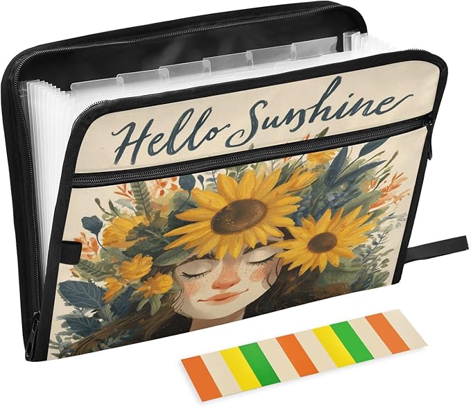 Cute Girl with Sunflowers Expanding File Organizer with 13 Pockets Accordion File Folders with Labels,Portable Document Paper Bill Receipt Organizer,Home College School Office Supplies, Letter