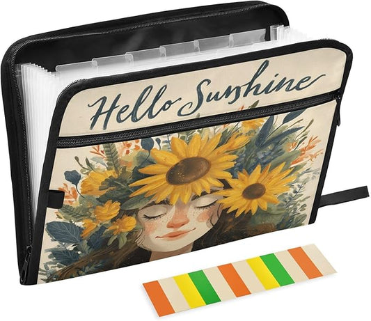 Cute Girl with Sunflowers Expanding File Organizer with 13 Pockets Accordion File Folders with Labels,Portable Document Paper Bill Receipt Organizer,Home College School Office Supplies, Letter