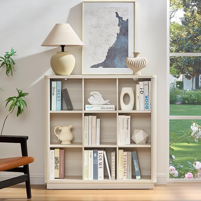 9 Cube Storage Book Shelf, 41" Tall Organizer Bookcase with Curved Edge, Wood Floor Standing 3-Tier Cubby Bookshelf with Base, Vintage Display Book Case for Bedroom, Office, White Cream Oak