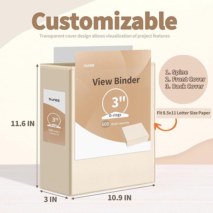 SUNEE 3 Ring Binder 3 Inch 4 Pack, Clear View Binder Three Ring PVC-Free (Fit 8.5x11 Inches) for School or Office Supplies, Neutral Aesthetic