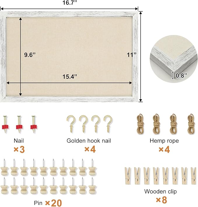 Egofine Cork Board Bulletin Board with Linen, 16x11 Wood Frame Pin Board, 2 Pack Cork Boards for Walls, Vision Board Hanging horizontal or Vertically for Office Home Decor School Kitchen, Rustic White