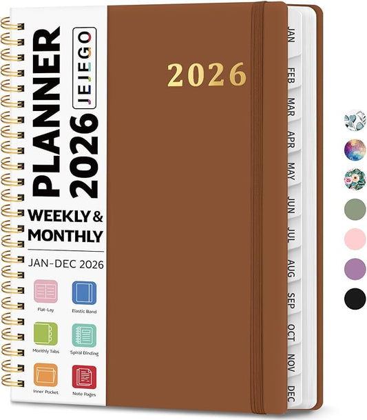 2026 Planner, Weekly and Monthly Calendar Planner Book, January 2026 - December 2026, Hardcover Spiral Planner with Monthly Tabs, Notes Pages, Perfect for Women & Men, A5 (6.4" x 8.5") - Brown