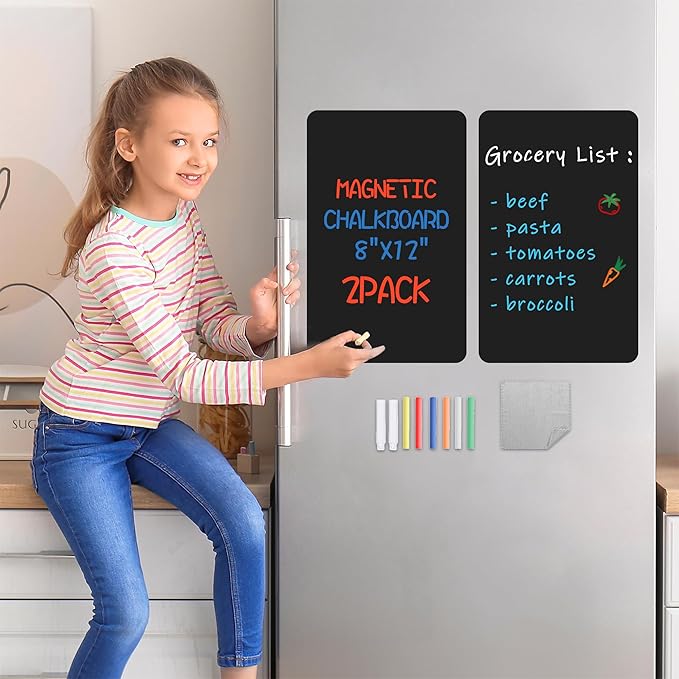 Magnetic Black Dry Erase Board for Refrigerator 2pack, 8" x 12"Chalk Board Contact Paper Decal for School, Office, Kitchen Fridge, Kids Drawing with Dustless Chalk, Holder and Magnets