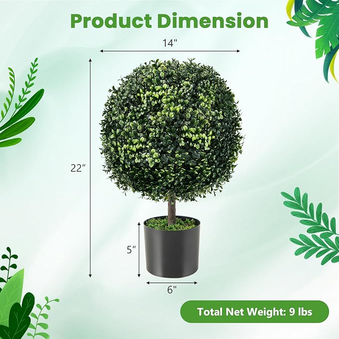Goplus 22” Artificial Boxwood Topiary Ball Tree, Set of 2 Faux Potted Plants Artificial Shrubs Bushes with Cement Pot, Fake Evergreen Artificial Topiary for Indoor Outdoor Home Front Porch Decor