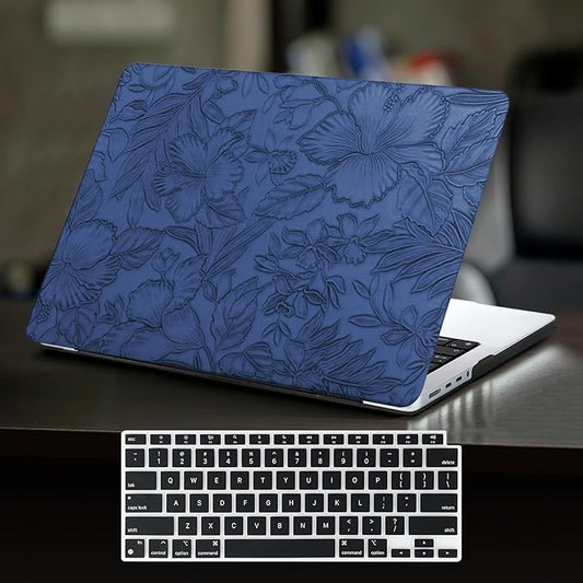 DTangLsm Compatible with MacBook Air 13 inch Case 2022 2021 2020-2018 A2337 M1 A2179 A1932, Elegant Textured Retro Leather Hard Shell Case for MacBook Air M1 Cover + Keyboard Skin,Blue Embossed Floral