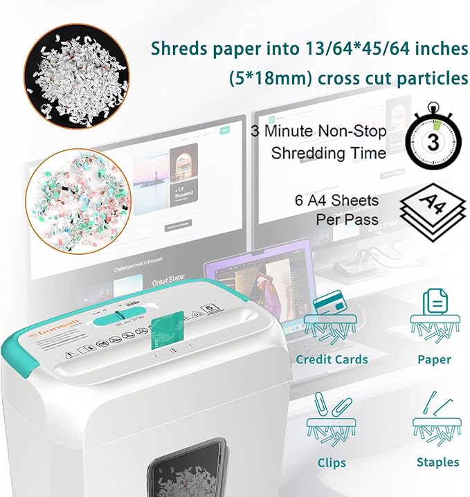 Bonsaii High Security Shredding Paper Shredder, 6-Sheet Cross-Cut, Credit Card Shredder, Home Office, Handle for Document, Mail, Staple, 3.4 Gal Wastebasket, White & Blue(C237-B)